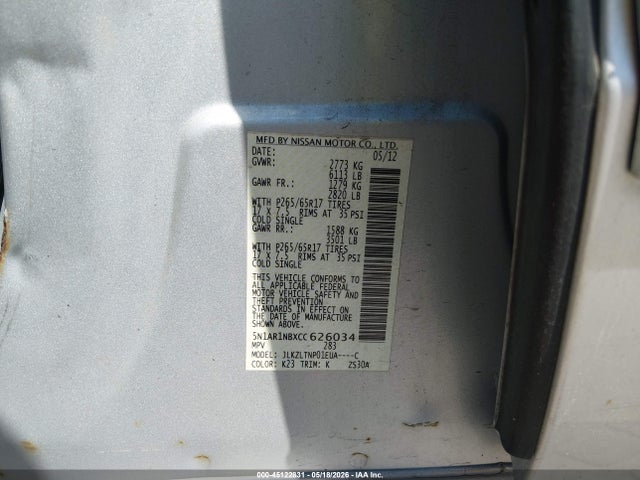 2012 Nissan Pathfinder Sv მანქანა იყიდება აუქციონზე, vin: 5N1AR1NBXCC626034, აუქციონის ნომერი: 45122831
