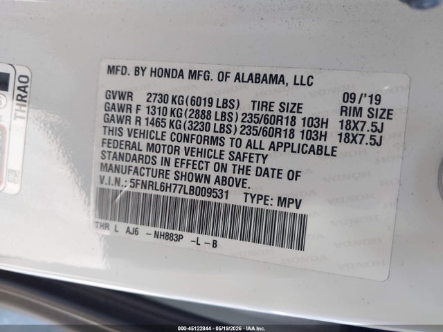 Aukcja sprzedaży 2020 Honda Odyssey Ex-l/ex-l W/navi   Res, vin: 5FNRL6H77LB009531, numer aukcji: 45122844
