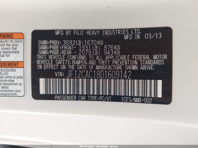 Aukcja sprzedaży 2013 Subaru Brz Limited, vin: JF1ZCAC18D1609142, numer aukcji: 45122847