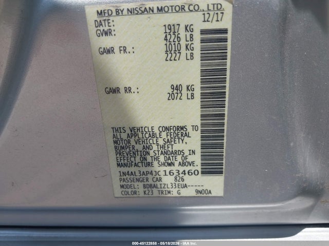 Aukcja sprzedaży 2018 Nissan Altima 2.5 Sv, vin: 1N4AL3AP4JC163460, numer aukcji: 45122858