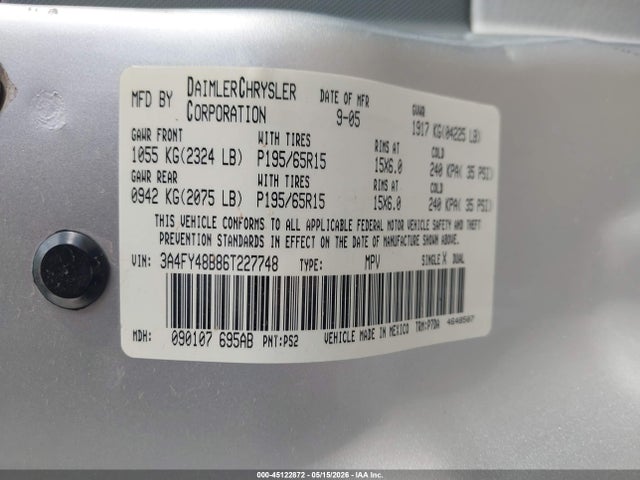 Aukcja sprzedaży 2006 Chrysler Pt Cruiser, vin: 3A4FY48B86T227748, numer aukcji: 45122872