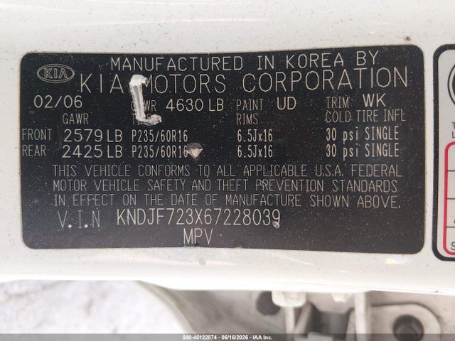Aukcja sprzedaży 2006 Kia Sportage Ex V6/lx V6, vin: KNDJF723X67228039, numer aukcji: 45122874