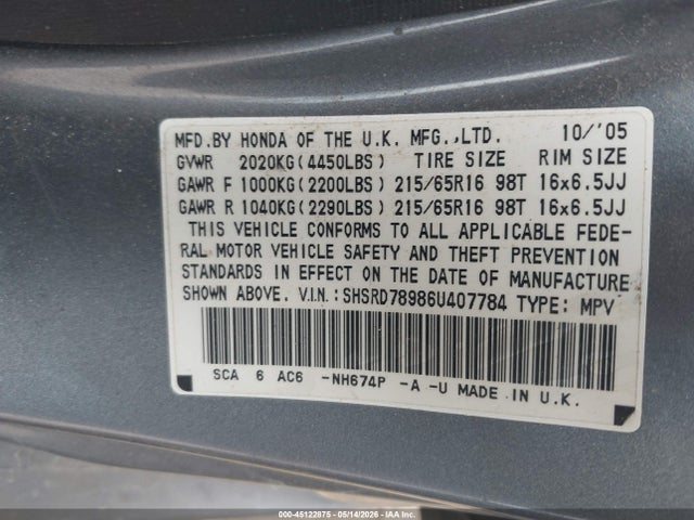 Продажа на аукционе авто 2006 Honda Cr-v Se, vin: SHSRD78986U407784, номер лота: 45122875