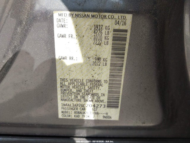 2016 Nissan Altima 2.5 Sr მანქანა იყიდება აუქციონზე, vin: 1N4AL3AP2GC204273, აუქციონის ნომერი: 45122883