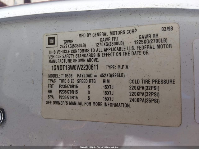 Продаж на аукціоні авто 1998 Chevrolet Blazer Lt, vin: 1GNDT13W0W2230611, номер лоту: 45122885