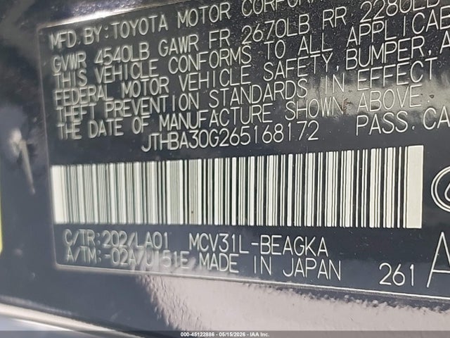 Aukcja sprzedaży 2006 Lexus Es 330, vin: JTHBA30G265168172, numer aukcji: 45122886