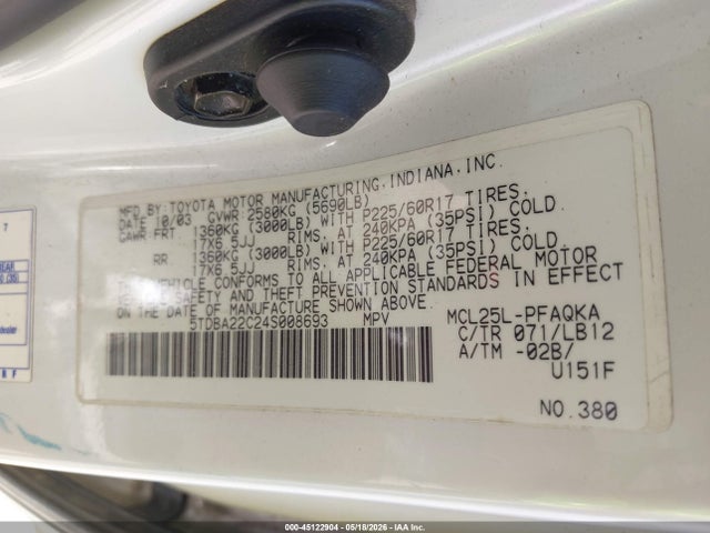 Auction sale of the 2004 Toyota Sienna Xle Limited, vin: 5TDBA22C24S008693, lot number: 45122904