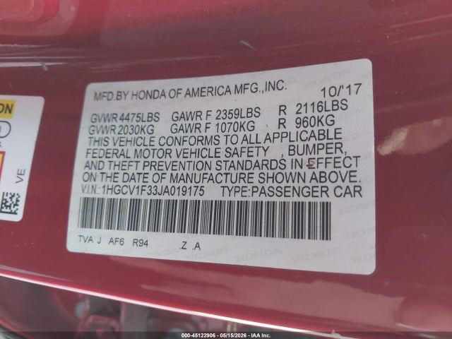 Продажа на аукционе авто 2018 Honda Accord Sport, vin: 1HGCV1F33JA019175, номер лота: 45122906
