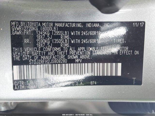 45122911 :رقم المزاد ، 5TDJZRFH2JS808280 vin ، 2018 Toyota Highlander Xle مزاد بيع