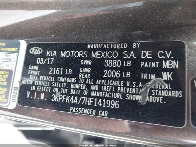 Aukcja sprzedaży 2017 Kia Forte Lx, vin: 3KPFK4A77HE141996, numer aukcji: 45122921