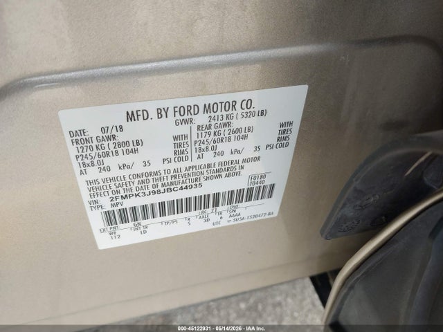 Продаж на аукціоні авто 2018 Ford Edge Sel, vin: 2FMPK3J98JBC44935, номер лоту: 45122931