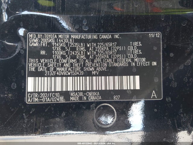 Auction sale of the 2012 Toyota Rav4, vin: 2T3ZF4DV8CW150439, lot number: 45122942