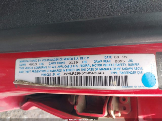 Aukcja sprzedaży 2000 Volkswagen Jetta Gls Tdi, vin: 3VWSF29M5YM048043, numer aukcji: 45122947