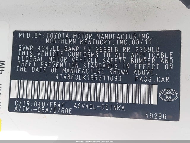 Продажа на аукционе авто 2011 Toyota Camry Le, vin: 4T4BF3EK1BR211093, номер лота: 45122950