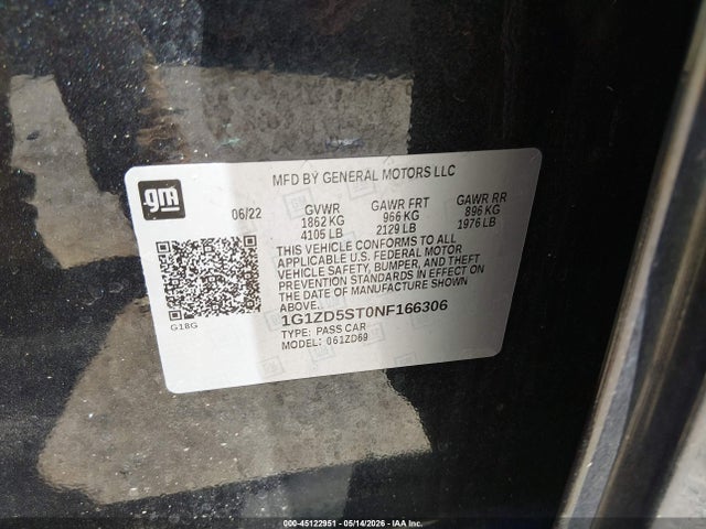 45122951 :رقم المزاد ، 1G1ZD5ST0NF166306 vin ، 2022 Chevrolet Malibu Fwd Lt مزاد بيع