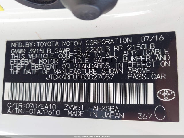 45122959 :رقم المزاد ، JTDKARFU1G3027057 vin ، 2016 Toyota Prius Four مزاد بيع