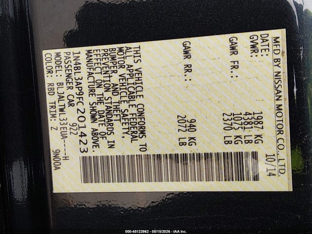 Nissan Altima 3.5 Sl 2015 1N4BL3AP9FC201423 Image 9