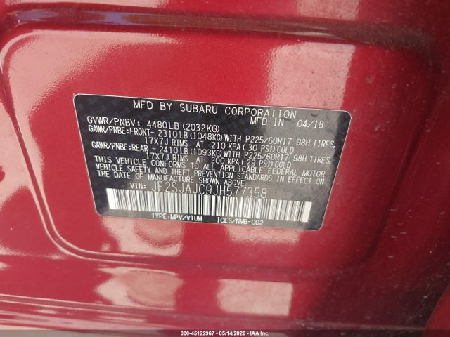 Aukcja sprzedaży 2018 Subaru Forester 2.5i Limited, vin: JF2SJAJC9JH577358, numer aukcji: 45122967