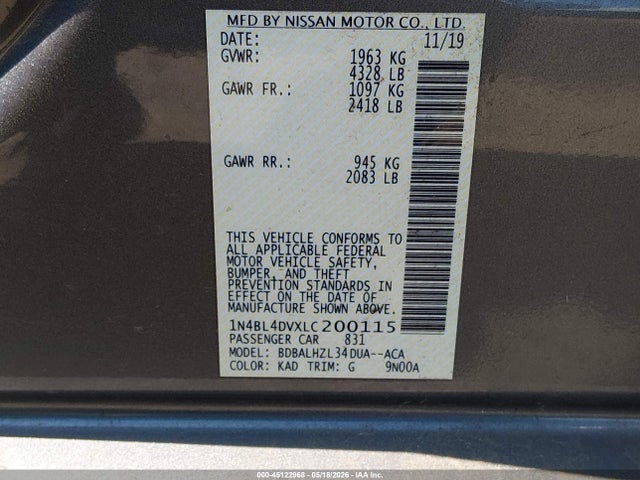 Продажа на аукционе авто 2020 Nissan Altima Sv Fwd, vin: 1N4BL4DVXLC200115, номер лота: 45122968