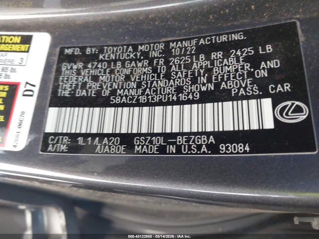 Aukcja sprzedaży 2023 Lexus Es 350, vin: 58ACZ1B13PU141649, numer aukcji: 45122980
