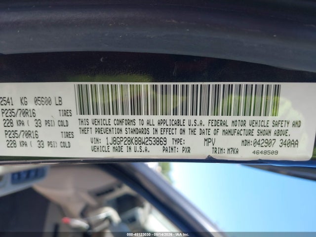 2008 Jeep Liberty Sport მანქანა იყიდება აუქციონზე, vin: 1J8GP28K88W253869, აუქციონის ნომერი: 45123030