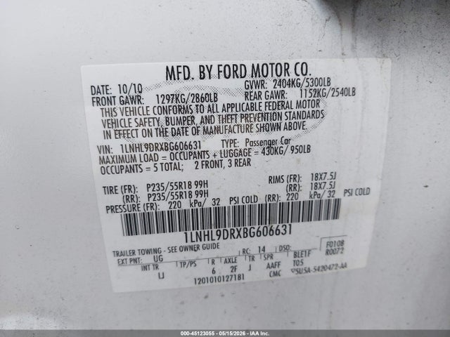 Продажа на аукционе авто 2011 Lincoln Mks, vin: 1LNHL9DRXBG606631, номер лота: 45123055