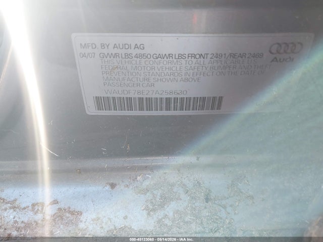 Продажа на аукционе авто 2007 Audi A4 2.0t, vin: WAUDF78E27A258630, номер лота: 45123060