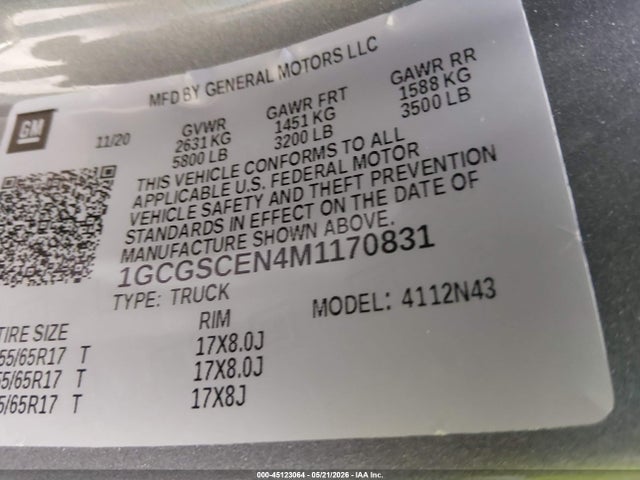 Aukcja sprzedaży 2021 Chevrolet Colorado 2wd  Short Box Lt, vin: 1GCGSCEN4M1170831, numer aukcji: 45123064