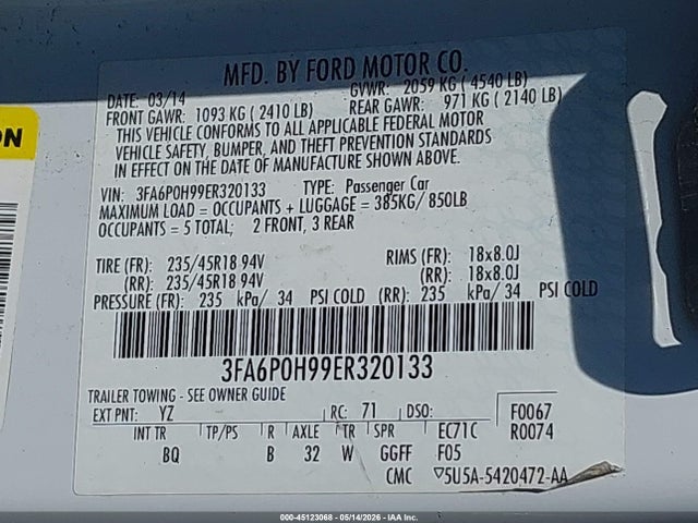 Aukcja sprzedaży 2014 Ford Fusion Se, vin: 3FA6P0H99ER320133, numer aukcji: 45123068
