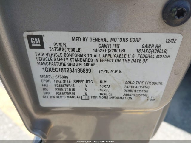 45123072 :رقم المزاد ، 1GKEC16T23J185899 vin ، 2003 Gmc Yukon Xl 1500 Sle مزاد بيع