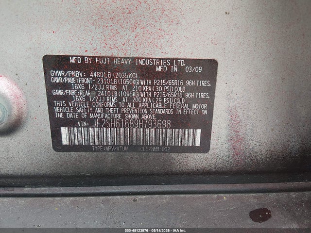 Aukcja sprzedaży 2009 Subaru Forester 2.5x, vin: JF2SH61689H793698, numer aukcji: 45123076