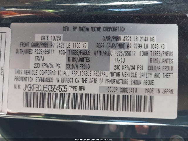 Aukcja sprzedaży 2025 Mazda Cx-5 2.5 S Preferred, vin: JM3KFBCL6S0584505, numer aukcji: 45123099