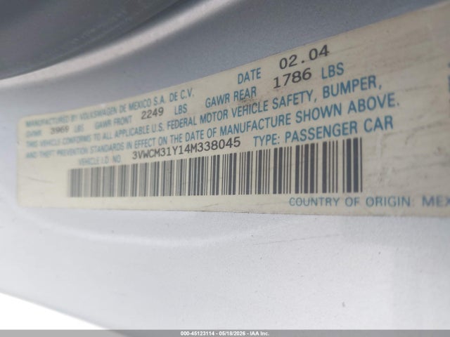 Aukcja sprzedaży 2004 Volkswagen New Beetle Gls, vin: 3VWCM31Y14M338045, numer aukcji: 45123114