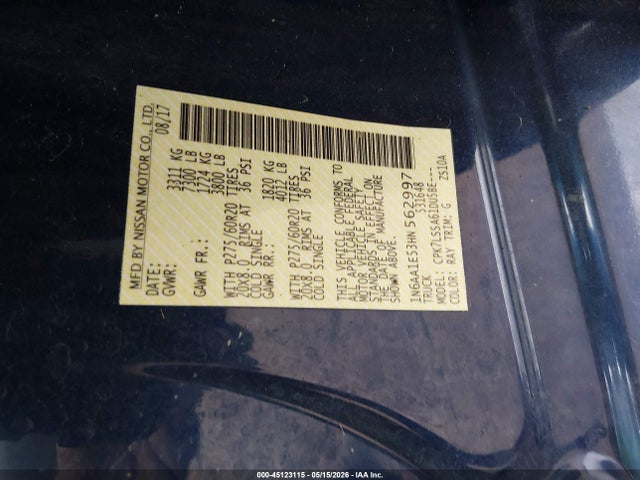 2017 Nissan Titan Sv მანქანა იყიდება აუქციონზე, vin: 1N6AA1E53HN562997, აუქციონის ნომერი: 45123115