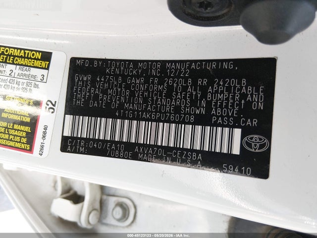 Aukcja sprzedaży 2023 Toyota Camry Se, vin: 4T1G11AK6PU760708, numer aukcji: 45123123