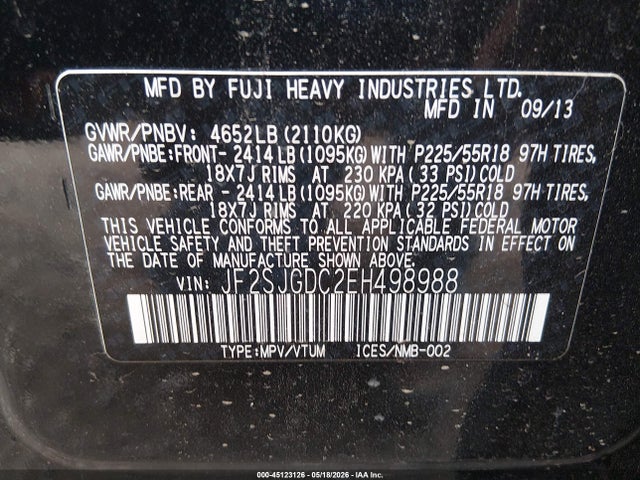 2014 Subaru Forester 2.0xt Premium მანქანა იყიდება აუქციონზე, vin: JF2SJGDC2EH498988, აუქციონის ნომერი: 45123126