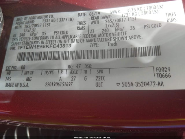 Auction sale of the 2019 Ford F-150 Xlt, vin: 1FTEW1E56KFC43813, lot number: 45123129