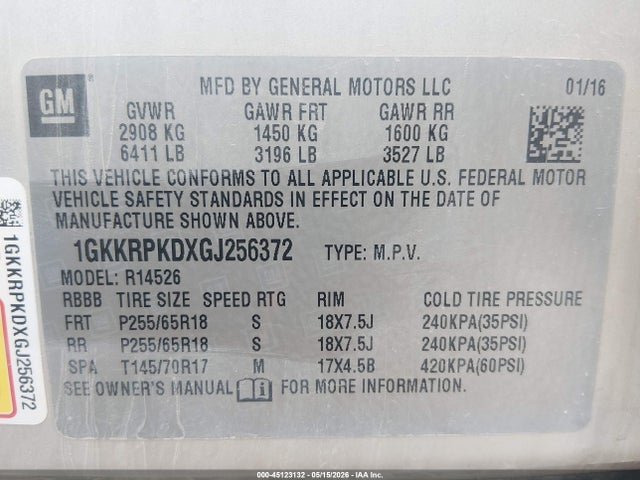 45123132 :رقم المزاد ، 1GKKRPKDXGJ256372 vin ، 2016 Gmc Acadia Sle مزاد بيع