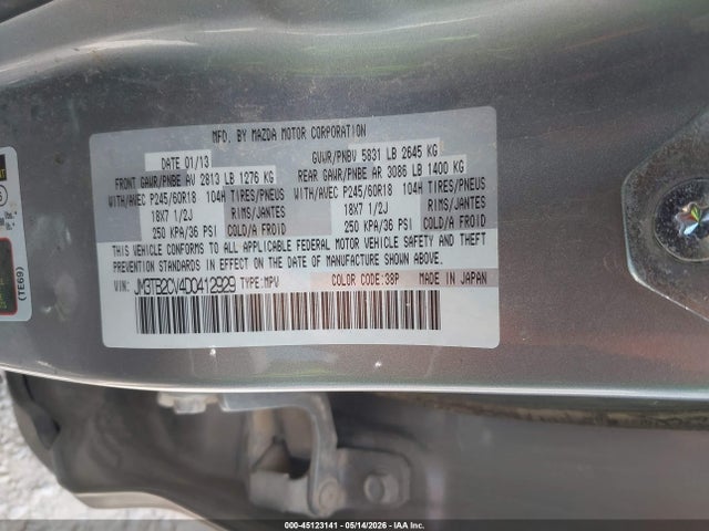 2013 Mazda Cx-9 Touring მანქანა იყიდება აუქციონზე, vin: JM3TB2CV4D0412929, აუქციონის ნომერი: 45123141