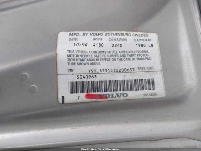 Продажа на аукционе авто 1995 Volvo 850 Glt, vin: YV1LS5515S2200637, номер лота: 45123143