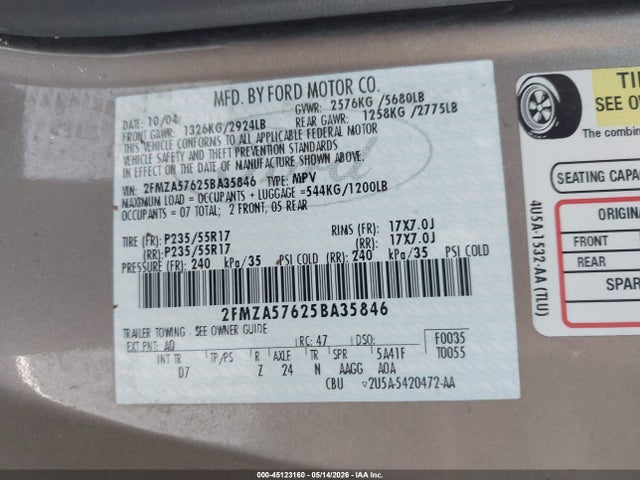 Aukcja sprzedaży 2005 Ford Freestar Ses, vin: 2FMZA57625BA35846, numer aukcji: 45123160