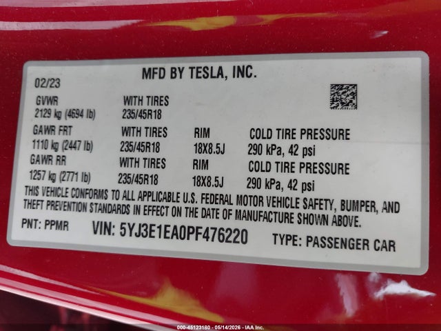 Tesla Model 3 Rear-wheel Drive 2023 5YJ3E1EA0PF476220 Image 9