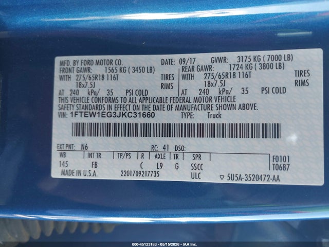 1FTEW1EG3JKC31660 Ford F-150 Xlt