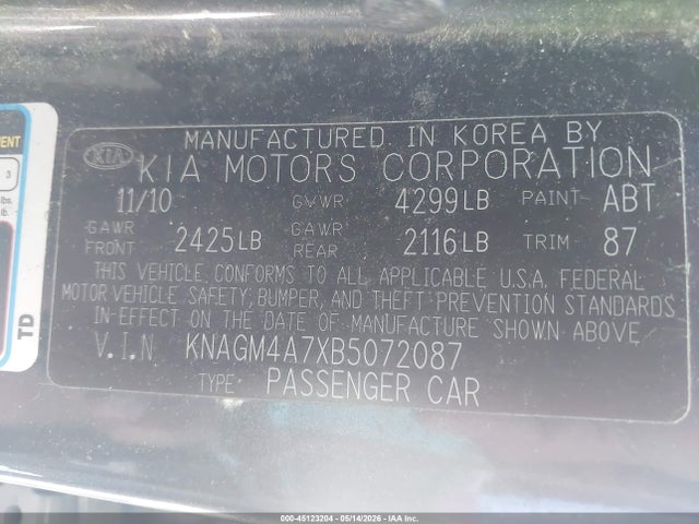 Продажа на аукционе авто 2011 Kia Optima Lx, vin: KNAGM4A7XB5072087, номер лота: 45123204