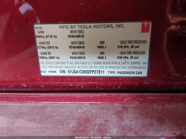 Продажа на аукционе авто 2013 Tesla Model S, vin: 5YJSA1CN8DFP27011, номер лота: 45123216