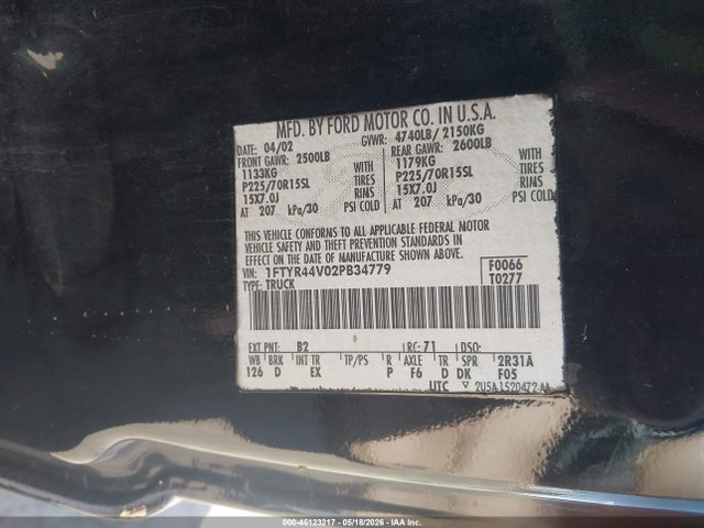 Продажа на аукционе авто 2002 Ford Ranger Edge/tremor/xlt, vin: 1FTYR44V02PB34779, номер лота: 45123217