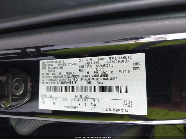 Aukcja sprzedaży 2022 Ford F-150 Xlt, vin: 1FTEW1EP2NFA45316, numer aukcji: 45123229
