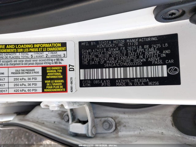 Продаж на аукціоні авто 2021 Lexus Es 300h, vin: 58ACA1C17MU003355, номер лоту: 45123233