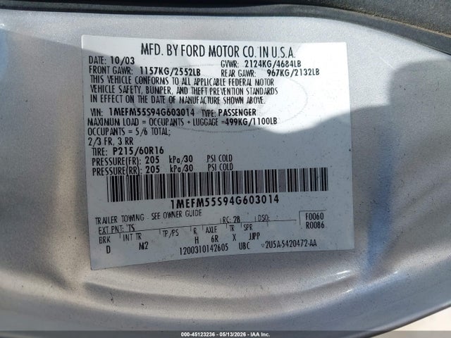 2004 Mercury Sable Ls Premium მანქანა იყიდება აუქციონზე, vin: 1MEFM55S94G603014, აუქციონის ნომერი: 45123236