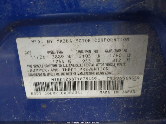 Продажа на аукционе авто 2007 Mazda Mazda3 S Sport, vin: JM1BK123871678449, номер лота: 45123249